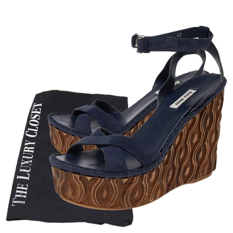 Pre Owned Miu Miu Blue Suede Wedge Platform Ankle Strap Sandals Size 40