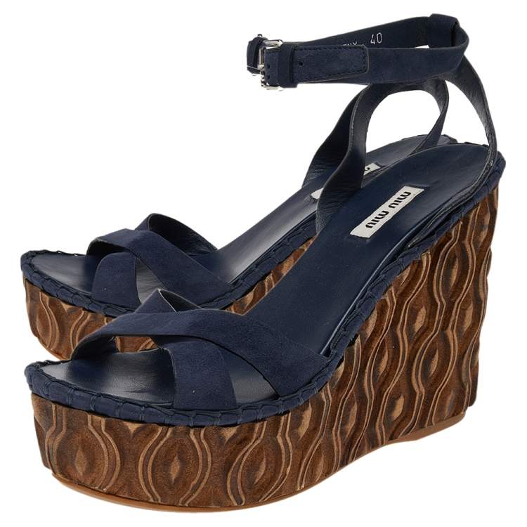 Pre Owned Miu Miu Blue Suede Wedge Platform Ankle Strap Sandals Size 40