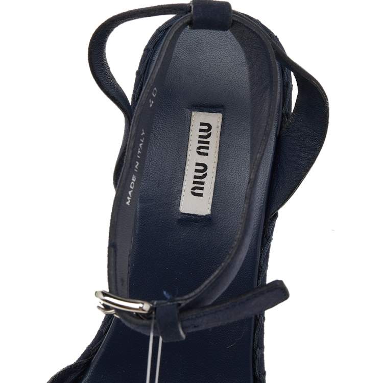 Pre Owned Miu Miu Blue Suede Wedge Platform Ankle Strap Sandals Size 40