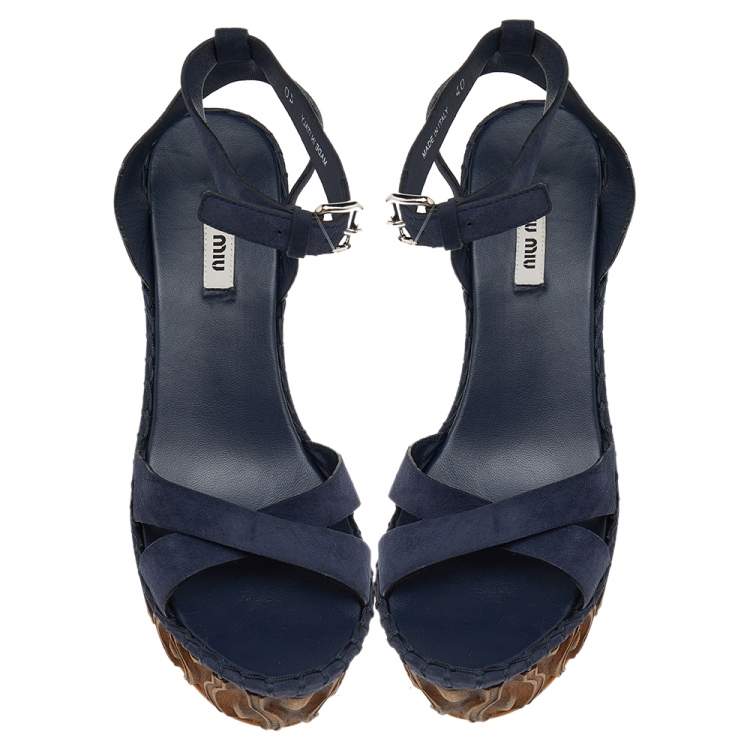 Pre Owned Miu Miu Blue Suede Wedge Platform Ankle Strap Sandals Size 40