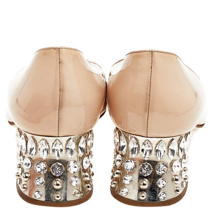Pre Owned Miu Miu Beige Patent Leather Crystal Embellished Block Heel Pumps Size 37