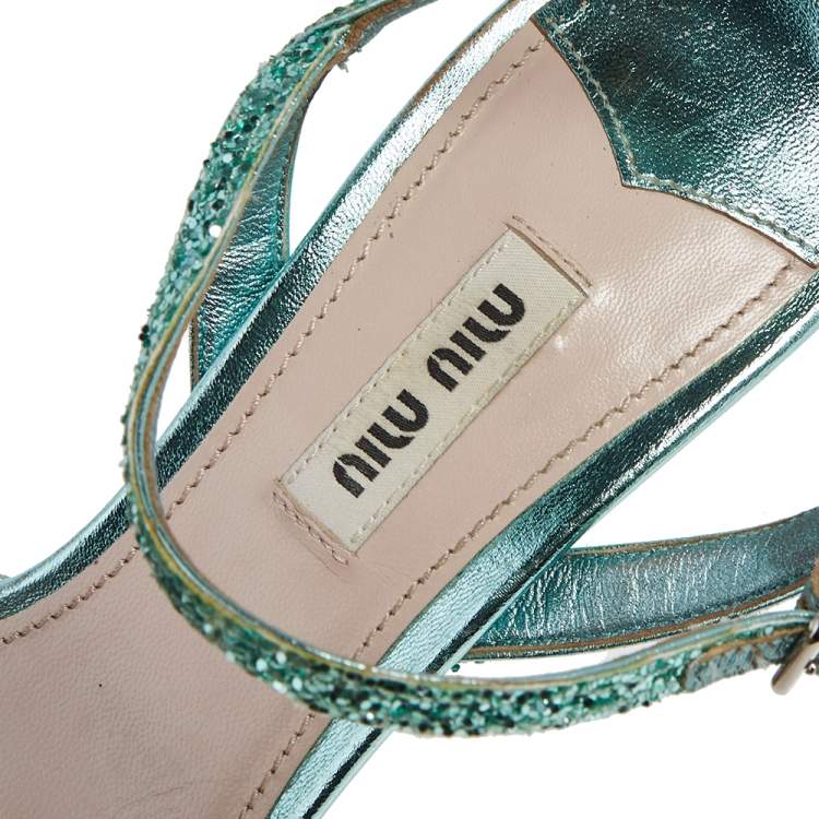 Pre Owned Miu Miu Green Glitter Crystal Embellished Kitten Heel Ankle Strap Sandals Size 38