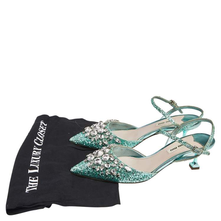 Pre Owned Miu Miu Green Glitter Crystal Embellished Kitten Heel Ankle Strap Sandals Size 38