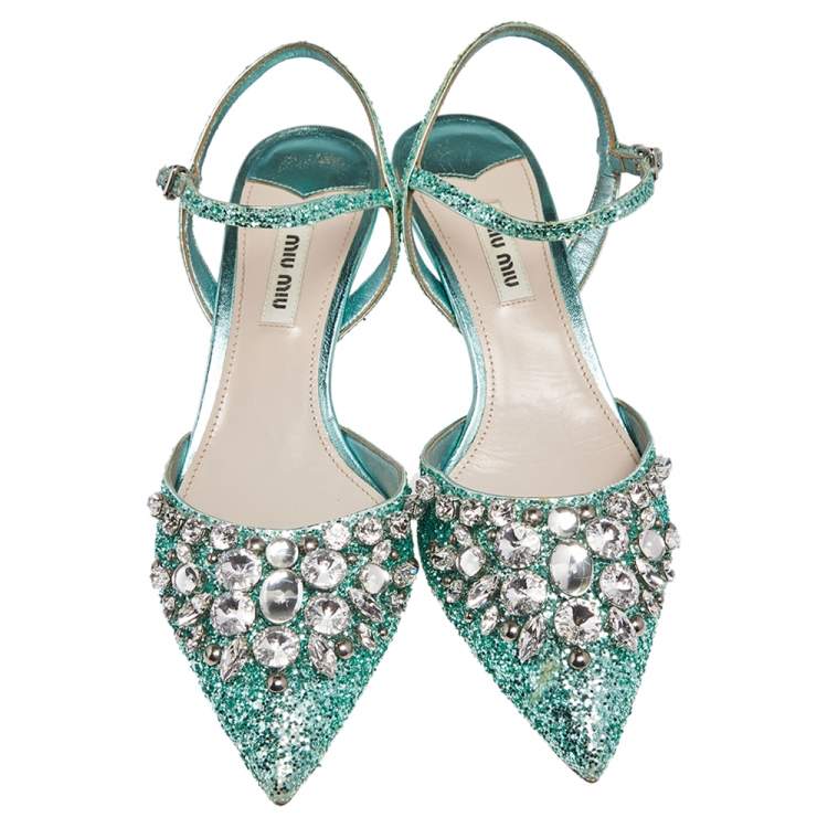 Pre Owned Miu Miu Green Glitter Crystal Embellished Kitten Heel Ankle Strap Sandals Size 38