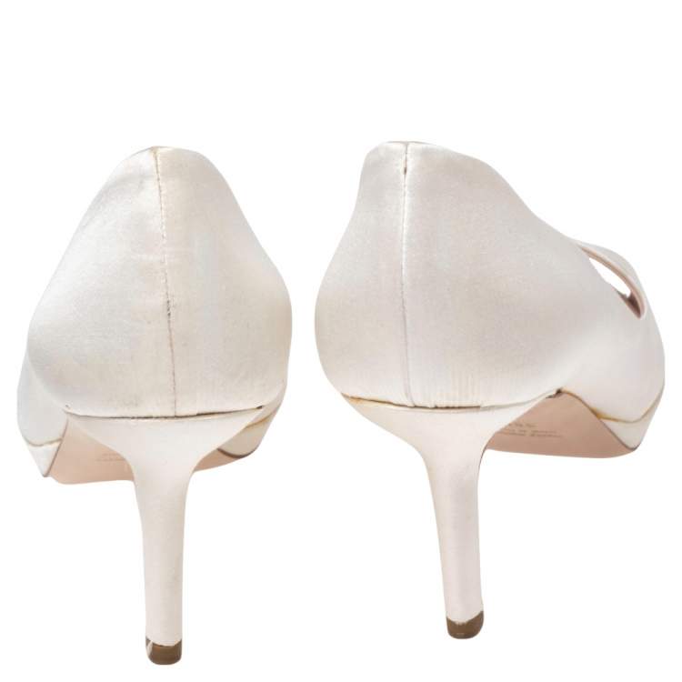 Pre Owned Miu Miu White Satin Peep Toe Pumps Size 38.5