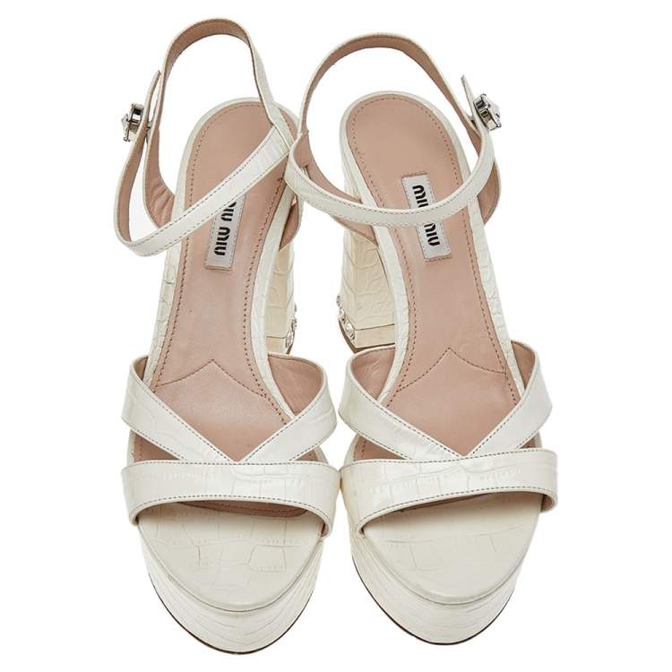Pre Owned Miu Miu Croc Embossed Leather Crystal Embellished Block Heel Ankle Strap Platform Sandals Size 38.5