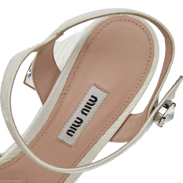 Pre Owned Miu Miu Croc Embossed Leather Crystal Embellished Block Heel Ankle Strap Platform Sandals Size 38.5
