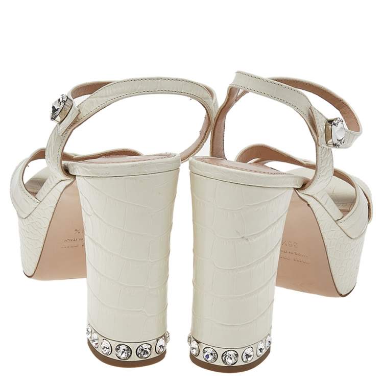 Pre Owned Miu Miu Croc Embossed Leather Crystal Embellished Block Heel Ankle Strap Platform Sandals Size 38.5