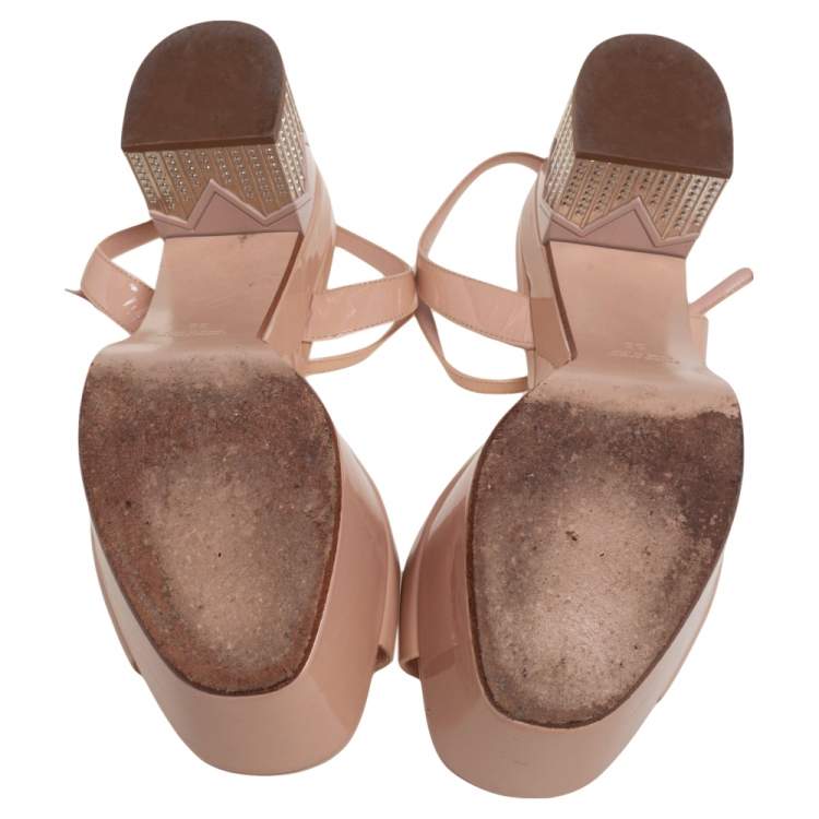 Pre Owned Miu Miu Beige Patent Leather Crystals Heel Ankle Strap Sandals Size 38