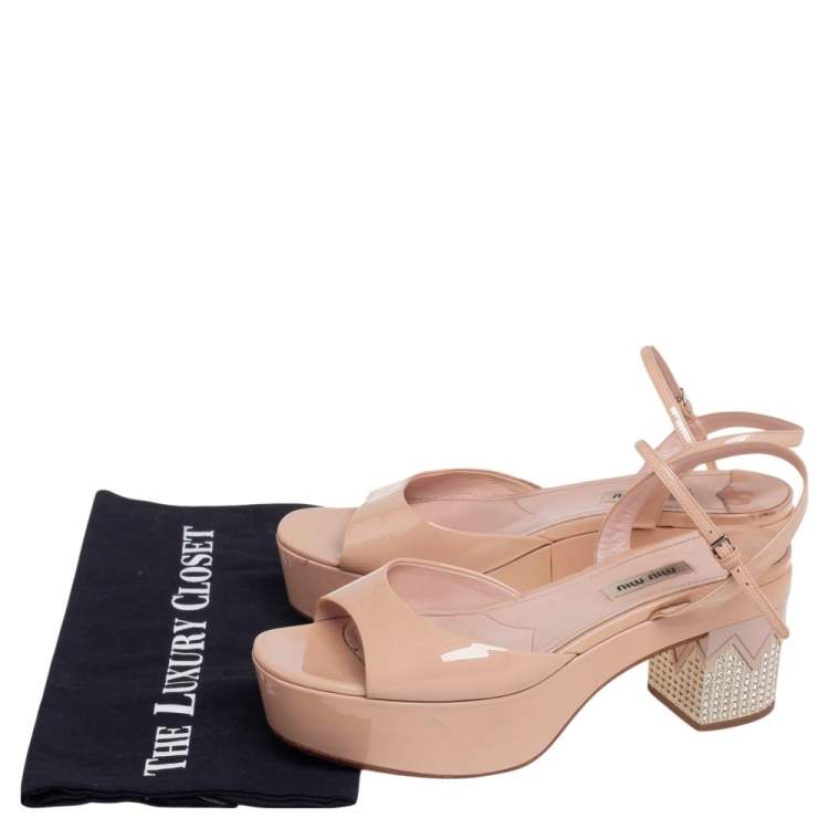 Pre Owned Miu Miu Beige Patent Leather Crystals Heel Ankle Strap Sandals Size 38