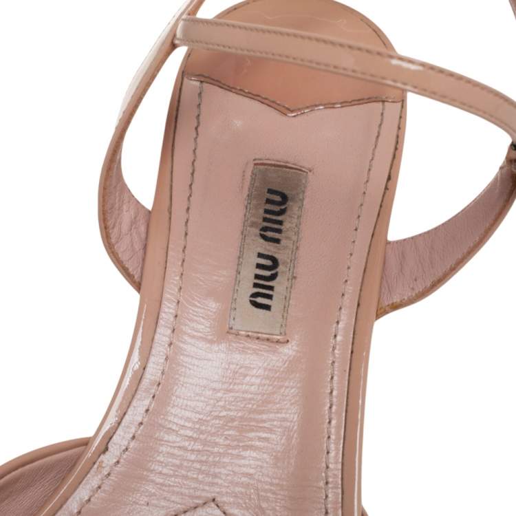 Pre Owned Miu Miu Beige Patent Leather Crystals Heel Ankle Strap Sandals Size 38