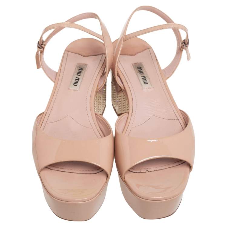 Pre Owned Miu Miu Beige Patent Leather Crystals Heel Ankle Strap Sandals Size 38