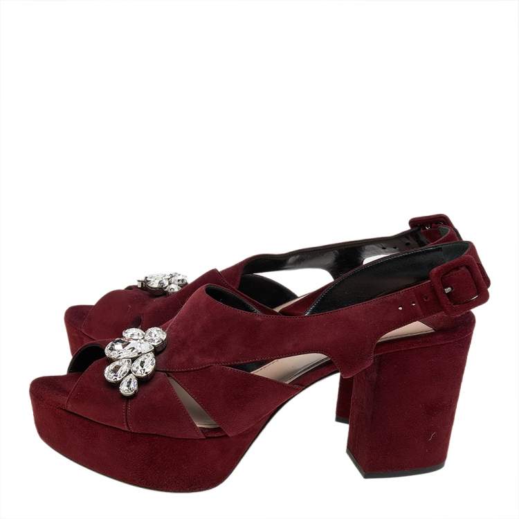 Pre Owned Miu Miu Burgundy Suede Crystal Embellished Platform Block Heel Sandals Size 41
