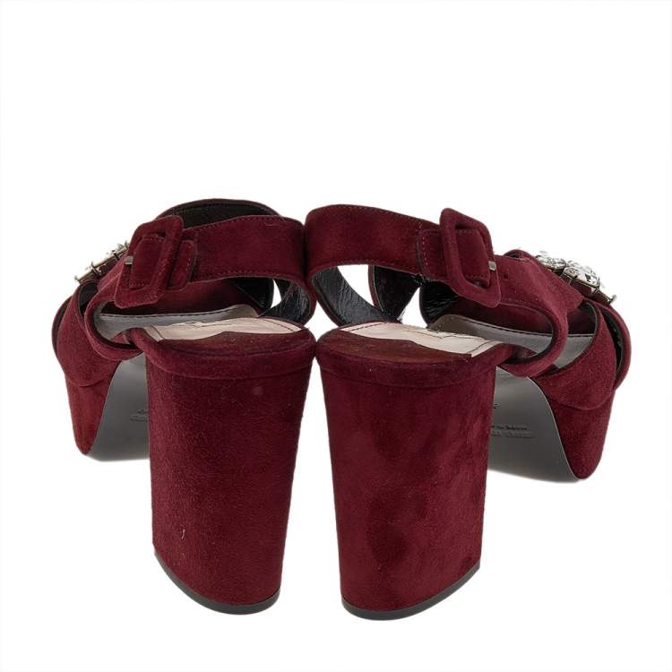 Pre Owned Miu Miu Burgundy Suede Crystal Embellished Platform Block Heel Sandals Size 41