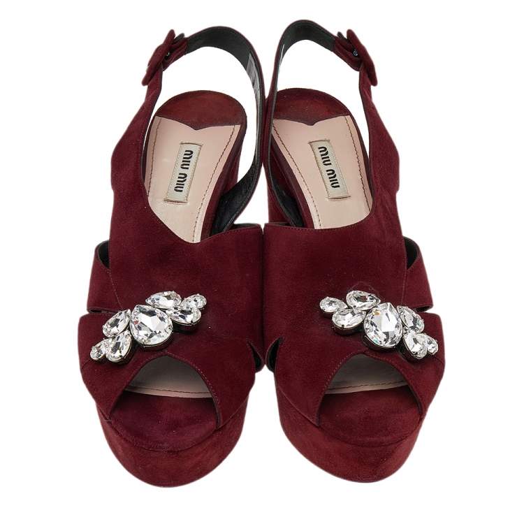 Pre Owned Miu Miu Burgundy Suede Crystal Embellished Platform Block Heel Sandals Size 41