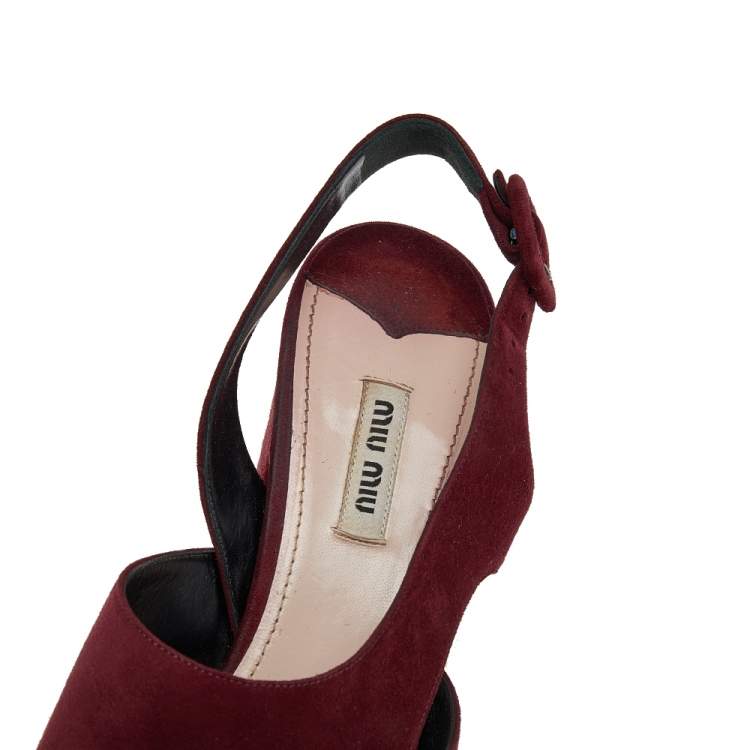 Pre Owned Miu Miu Burgundy Suede Crystal Embellished Platform Block Heel Sandals Size 41