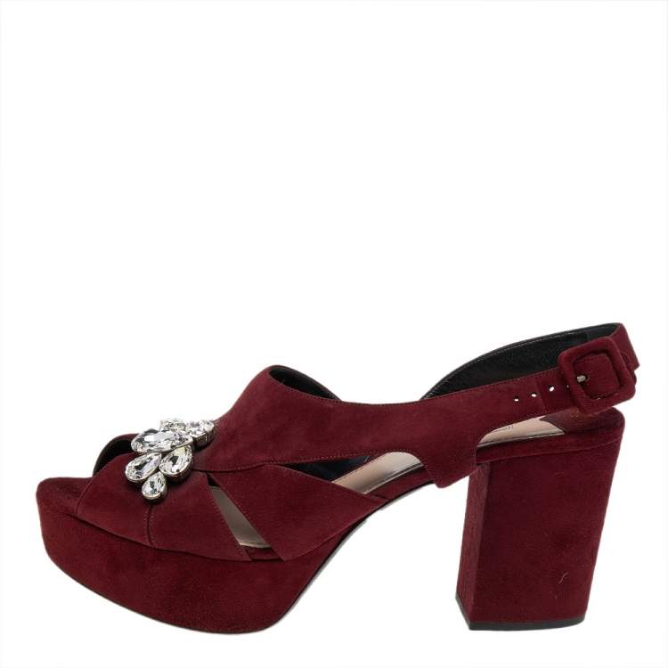 Pre Owned Miu Miu Burgundy Suede Crystal Embellished Platform Block Heel Sandals Size 41
