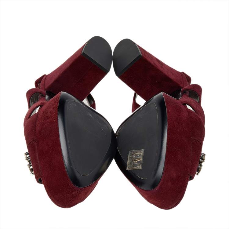 Pre Owned Miu Miu Burgundy Suede Crystal Embellished Platform Block Heel Sandals Size 41