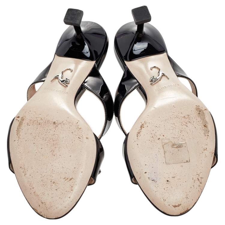 مملوكة مسبقًا Miu Miu Black Patent Leather Crystal Slide Sandals Size 37