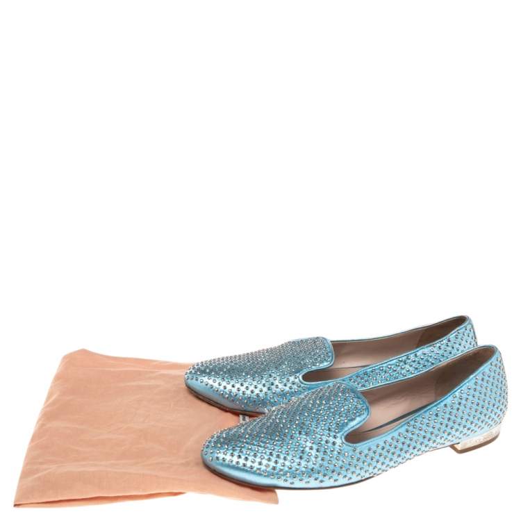 Pre Owned Miu Miu Metallic Blue Leather Stud Embellished Smoking Slippers 36.5