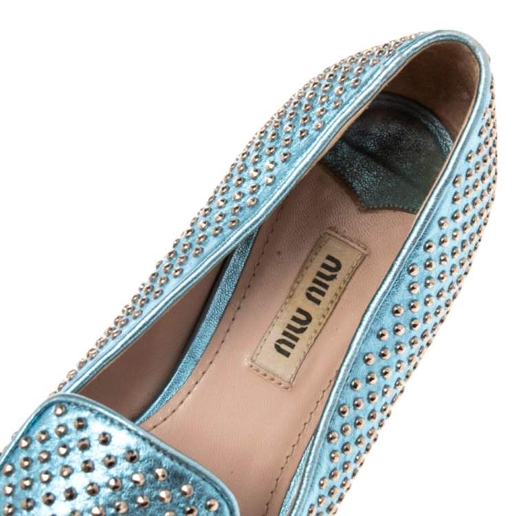 Pre Owned Miu Miu Metallic Blue Leather Stud Embellished Smoking Slippers 36.5