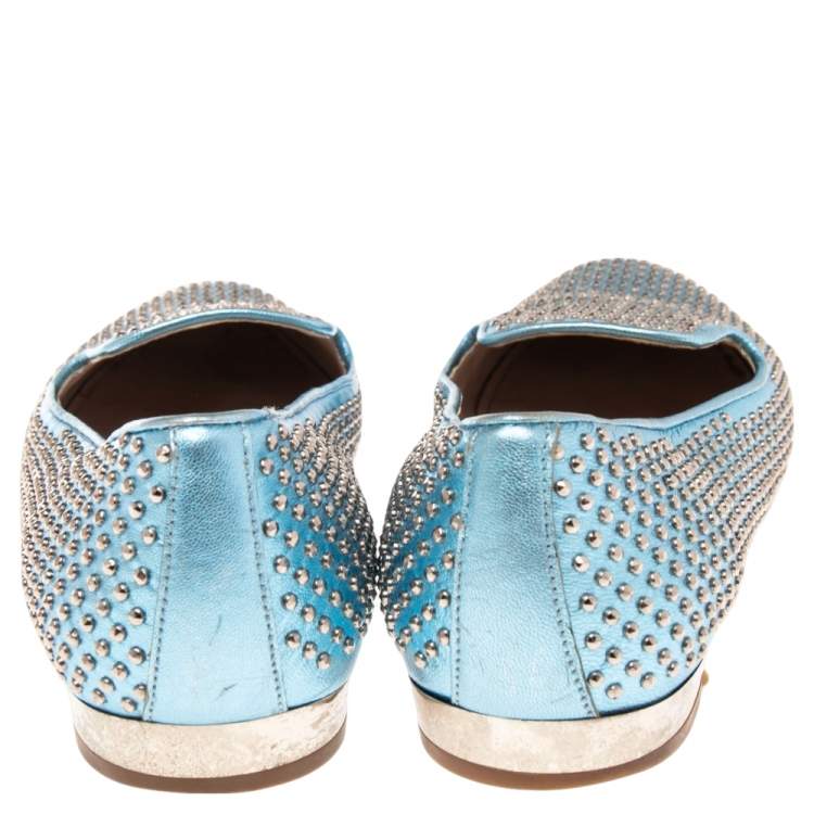 Pre Owned Miu Miu Metallic Blue Leather Stud Embellished Smoking Slippers 36.5