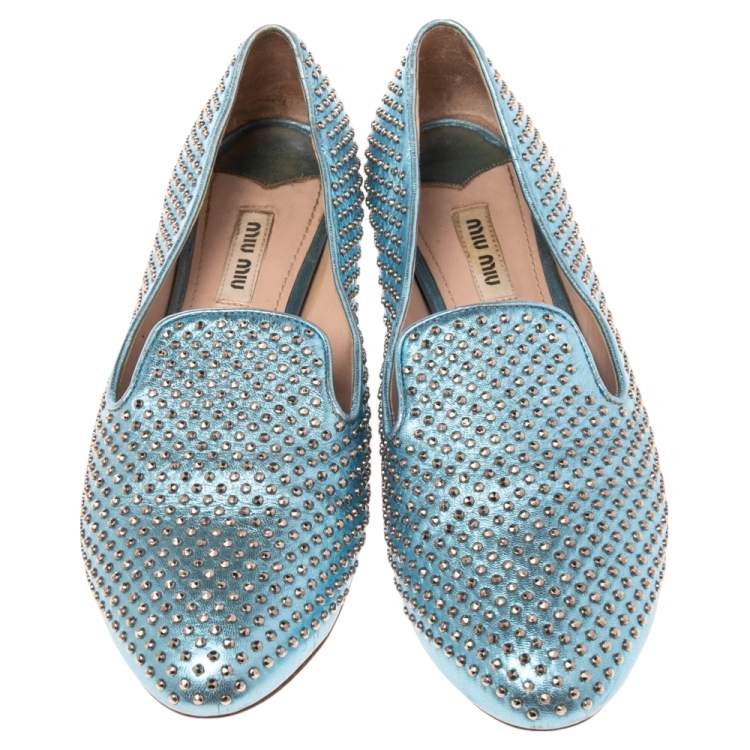 Pre Owned Miu Miu Metallic Blue Leather Stud Embellished Smoking Slippers 36.5