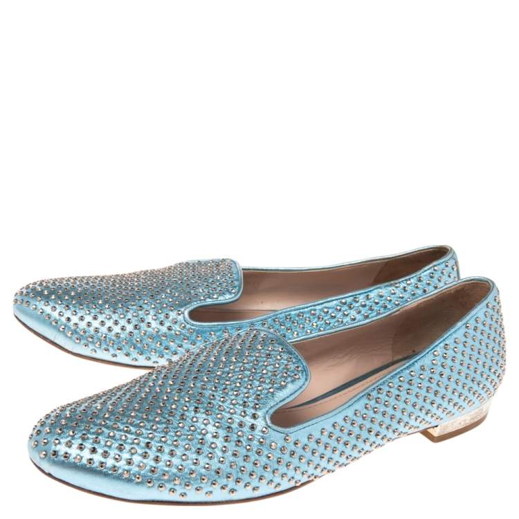 Pre Owned Miu Miu Metallic Blue Leather Stud Embellished Smoking Slippers 36.5
