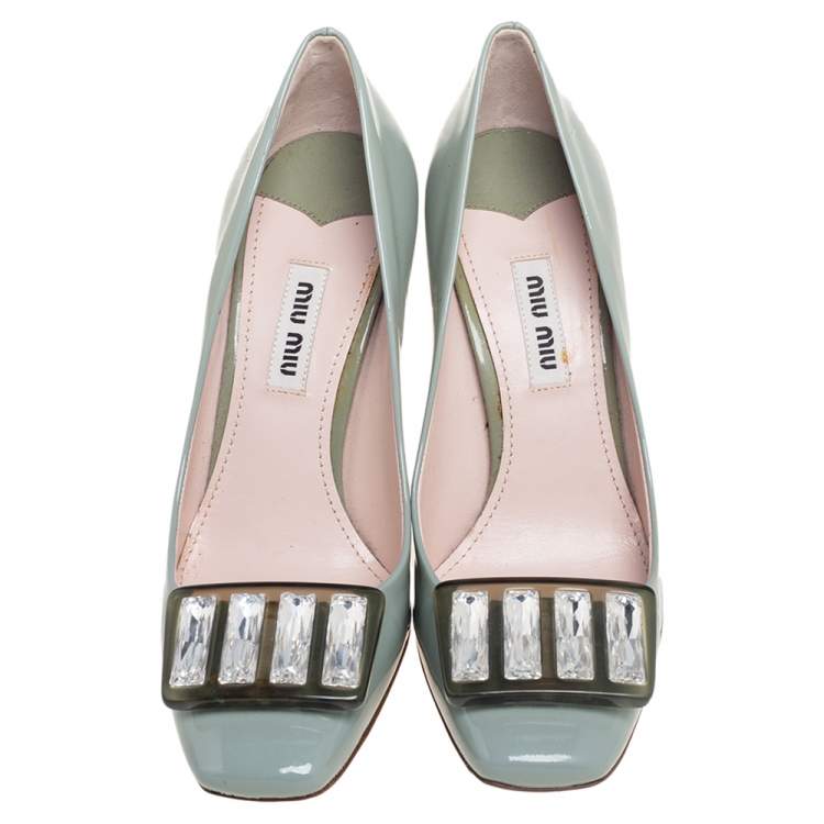 Pre Owned Miu Miu Grey Patent Leather Bow Embellished Pumps Size 36