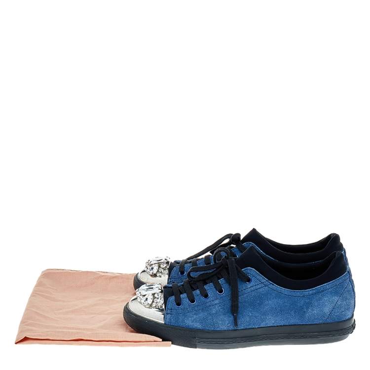 Pre Owned Miu Miu Blue/Black Suede Crystal Cap Toe Sneakers Size 40