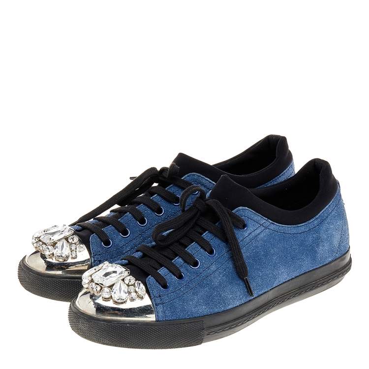 Pre Owned Miu Miu Blue/Black Suede Crystal Cap Toe Sneakers Size 40
