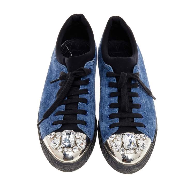 Pre Owned Miu Miu Blue/Black Suede Crystal Cap Toe Sneakers Size 40