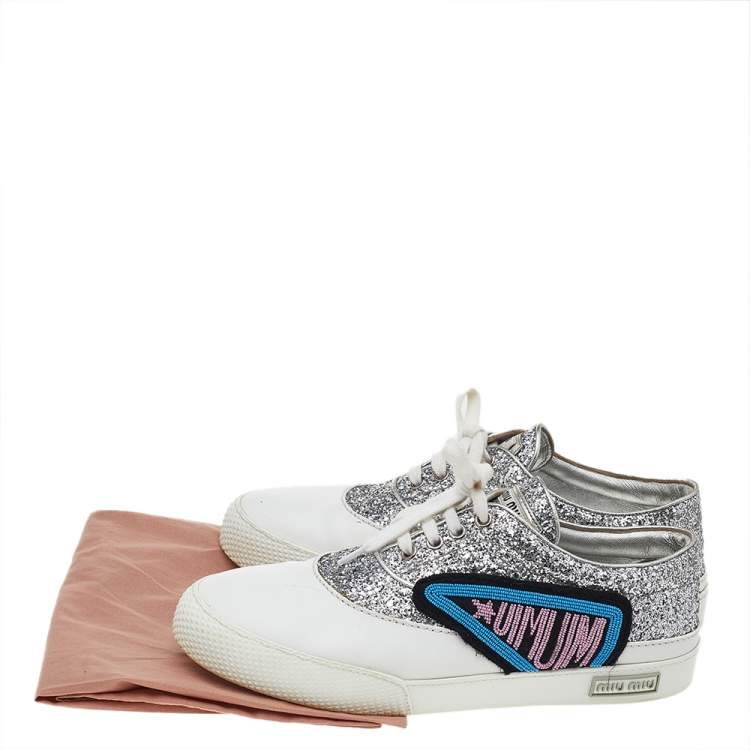 Pre Owned Miu Miu Silver/White Leather And Glitter Patch Slip on Sneakers Size 39.5