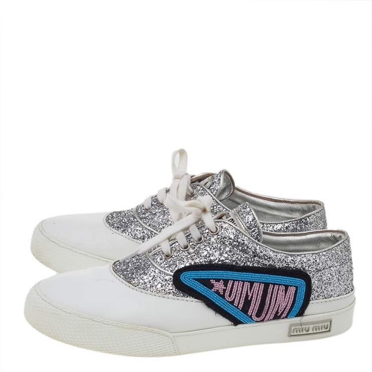 Pre Owned Miu Miu Silver/White Leather And Glitter Patch Slip on Sneakers Size 39.5