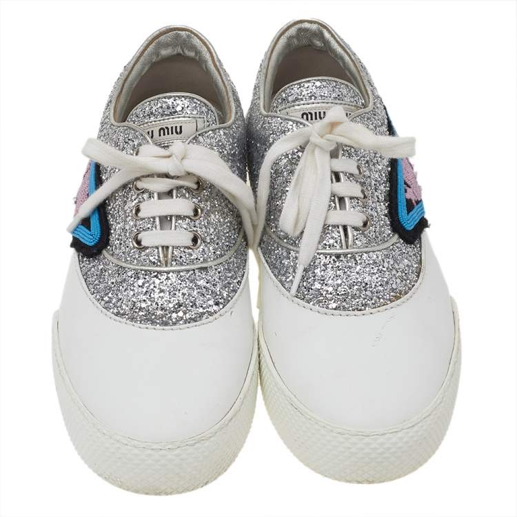 Pre Owned Miu Miu Silver/White Leather And Glitter Patch Slip on Sneakers Size 39.5
