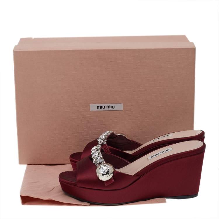Pre Owned Miu Miu Burgundy Satin Crystal Embellished Wedge Platform Slide Sandals Size 36