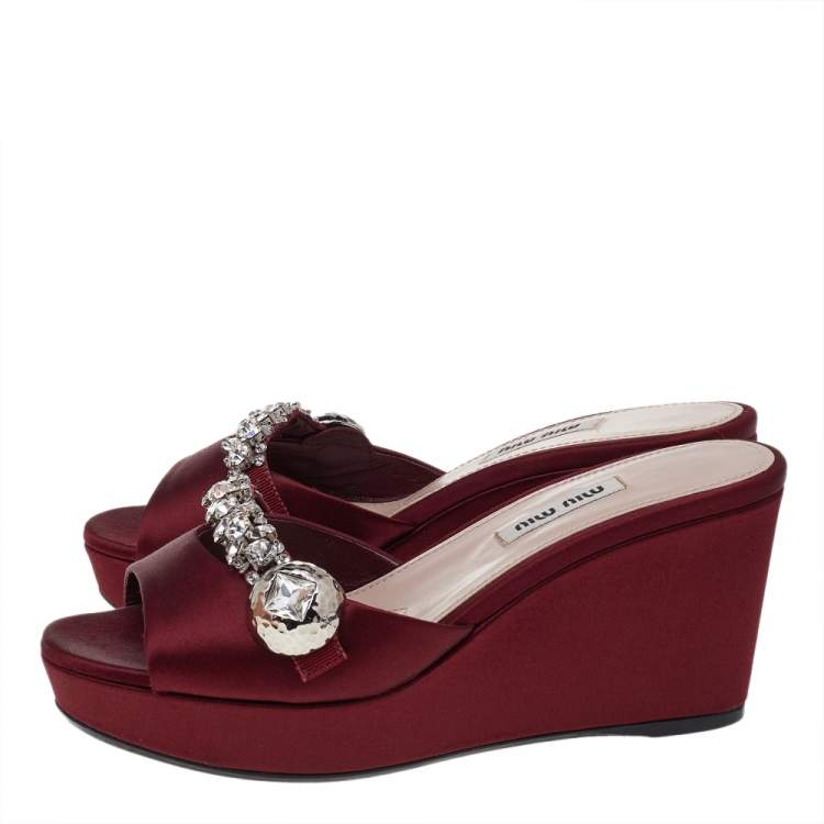Pre Owned Miu Miu Burgundy Satin Crystal Embellished Wedge Platform Slide Sandals Size 36