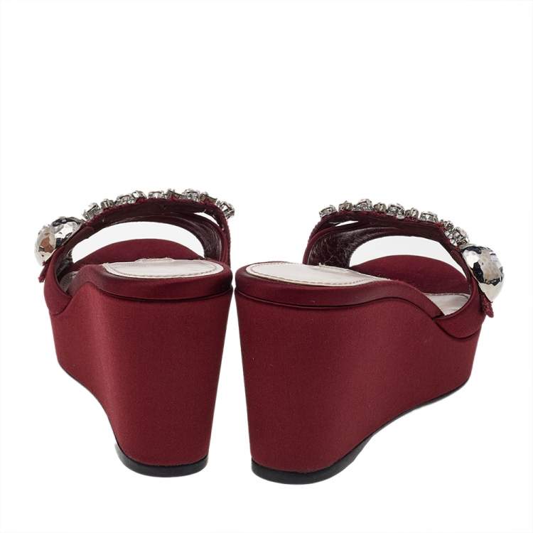 Pre Owned Miu Miu Burgundy Satin Crystal Embellished Wedge Platform Slide Sandals Size 36
