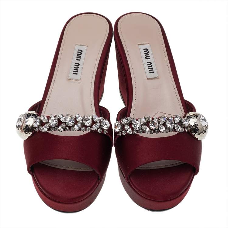 Pre Owned Miu Miu Burgundy Satin Crystal Embellished Wedge Platform Slide Sandals Size 36