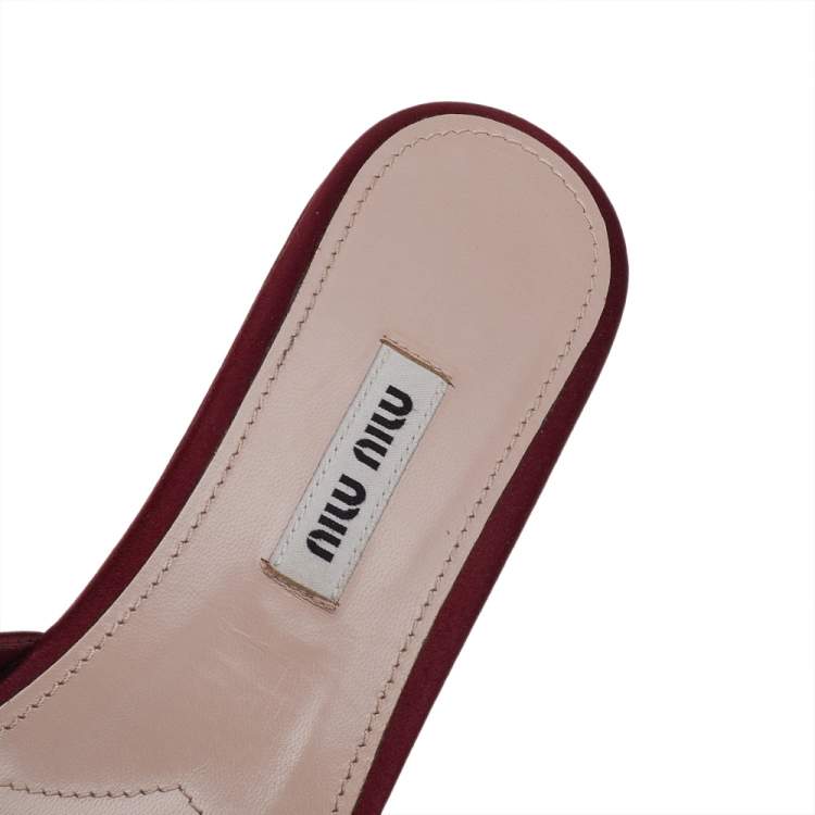 Pre Owned Miu Miu Burgundy Satin Crystal Embellished Wedge Platform Slide Sandals Size 36