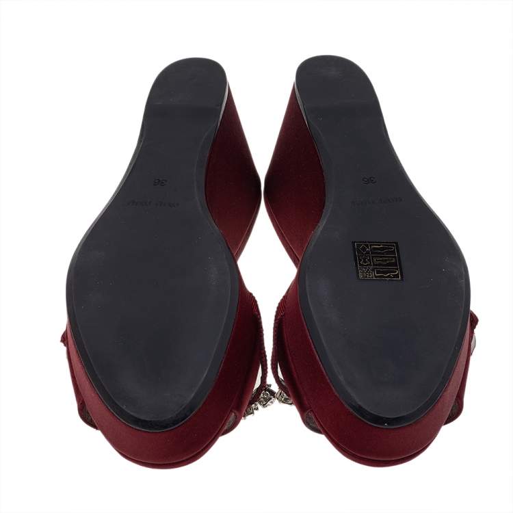 Pre Owned Miu Miu Burgundy Satin Crystal Embellished Wedge Platform Slide Sandals Size 36