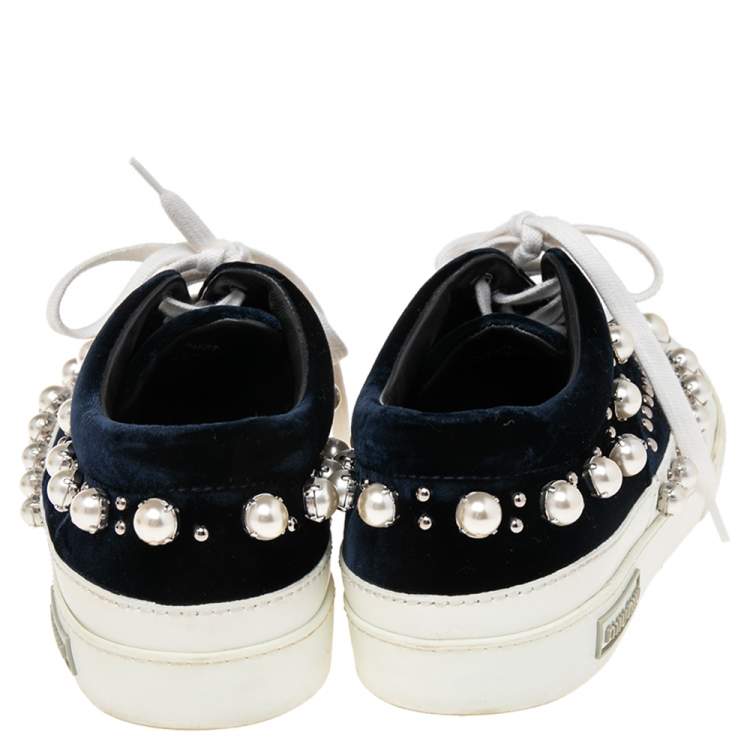 Pre Owned Miu Miu Blue/White Velvet Faux Pearl-Embellished And Rubber Trainers Sneakers Size 39