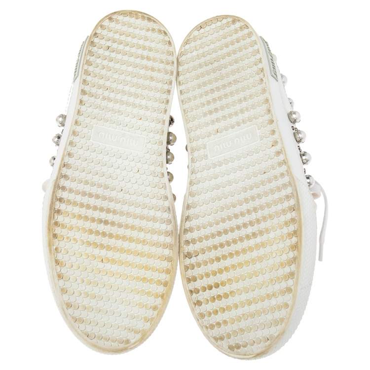 Pre Owned Miu Miu Blue/White Velvet Faux Pearl-Embellished And Rubber Trainers Sneakers Size 39