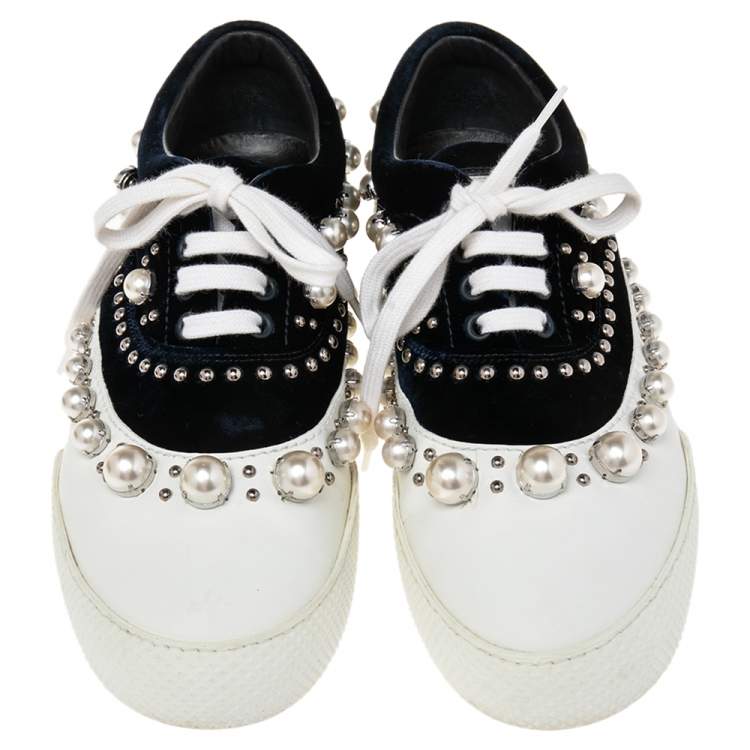 Pre Owned Miu Miu Blue/White Velvet Faux Pearl-Embellished And Rubber Trainers Sneakers Size 39