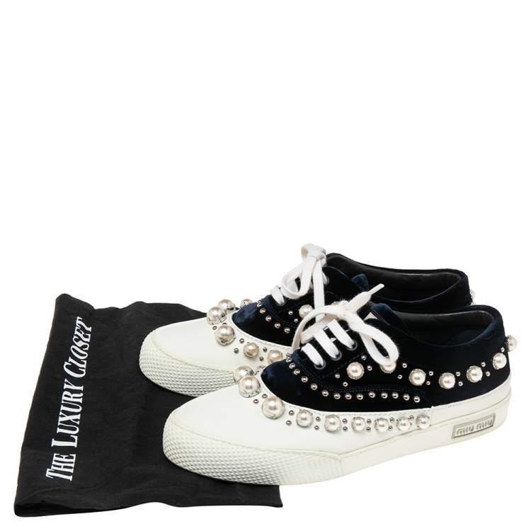 Pre Owned Miu Miu Blue/White Velvet Faux Pearl-Embellished And Rubber Trainers Sneakers Size 39