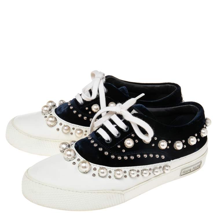 Pre Owned Miu Miu Blue/White Velvet Faux Pearl-Embellished And Rubber Trainers Sneakers Size 39