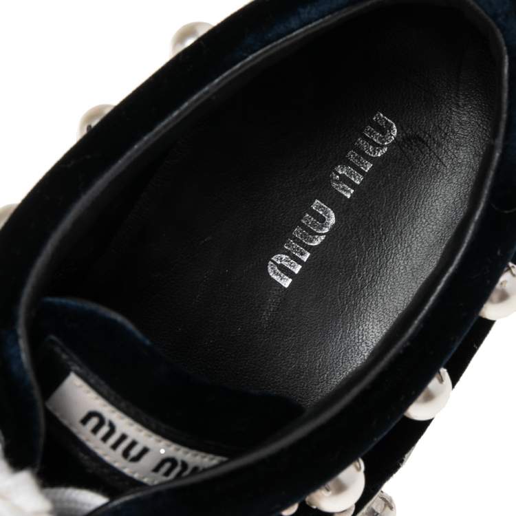 Pre Owned Miu Miu Blue/White Velvet Faux Pearl-Embellished And Rubber Trainers Sneakers Size 39