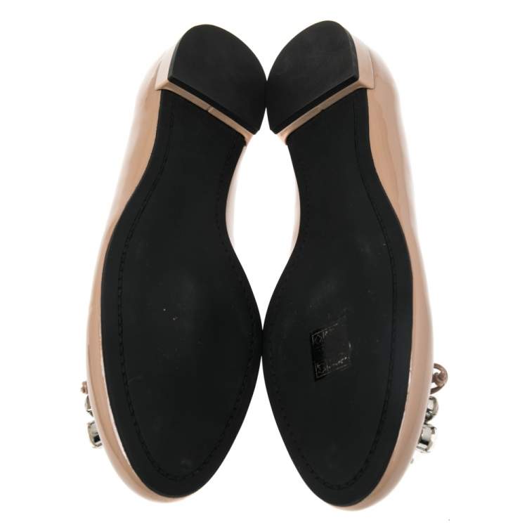 Pre Owned Miu Miu Beige Patent Leather Crystal Embellished Bow Ballet Flats Size 40