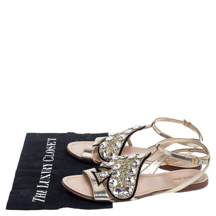 Pre Owned Miu Miu Gold Metallic Leather Glitter Heart Flats Size 38