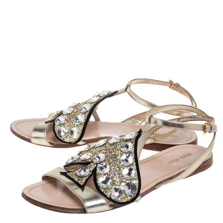 Pre Owned Miu Miu Gold Metallic Leather Glitter Heart Flats Size 38